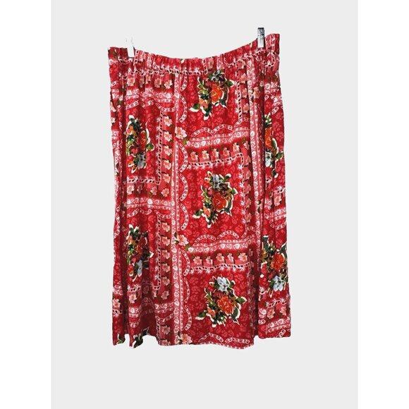 Euro Summer Red Floral Maxi XXL Skirt Button Down Cottagecore Amalfi Coastal Fit - Picture 2 of 9